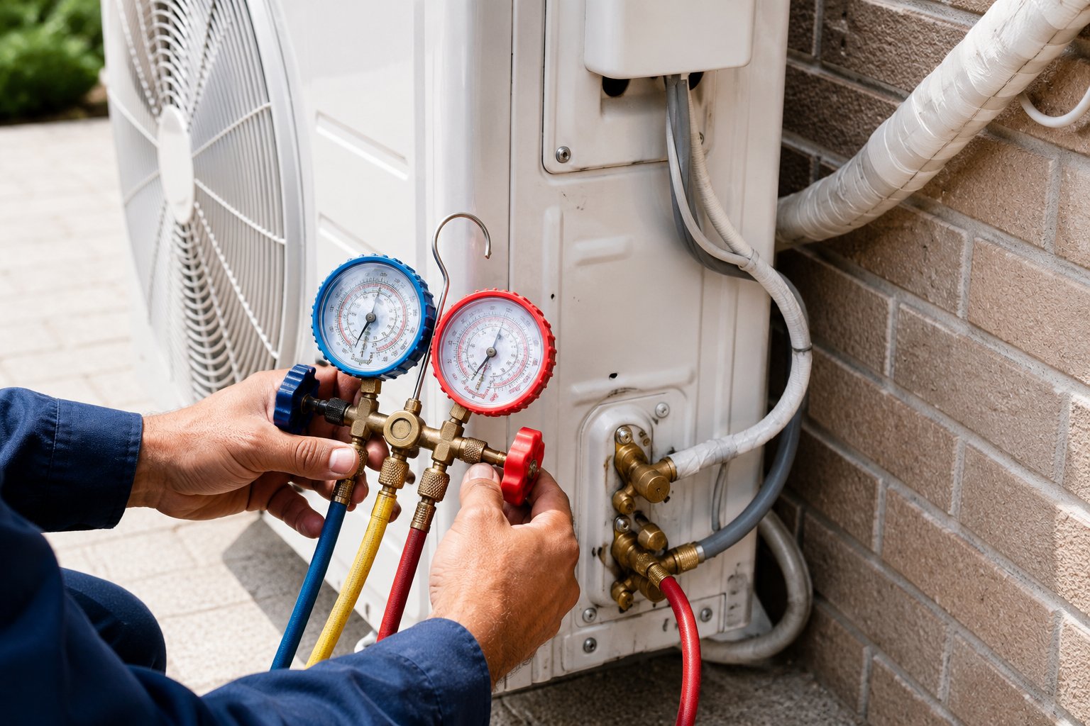 Air conditioning technician checking an outdoor unit in Marrakech