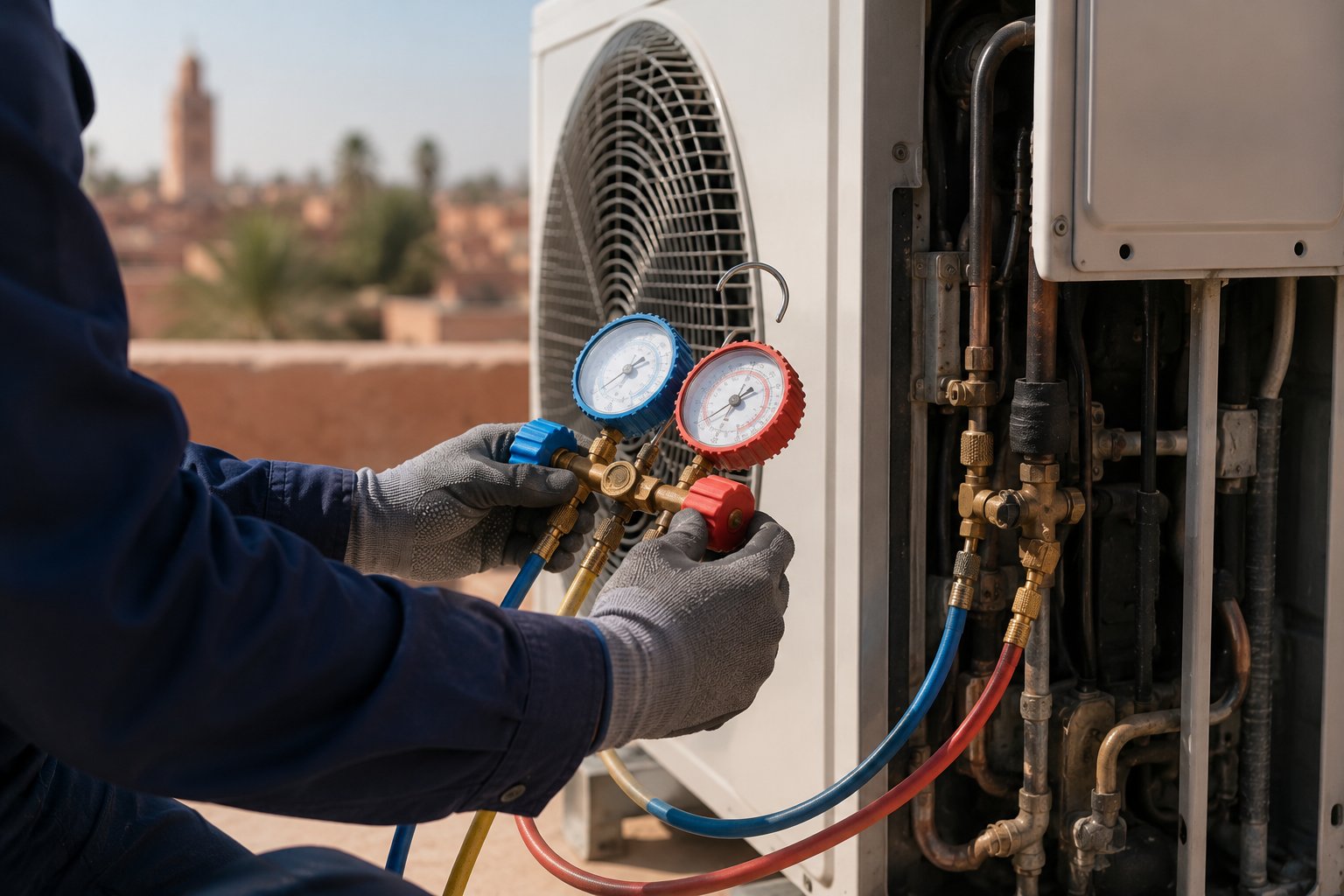 ICE CLIM technician using gauges to diagnose a broken air conditioner on a Marrakech rooftop