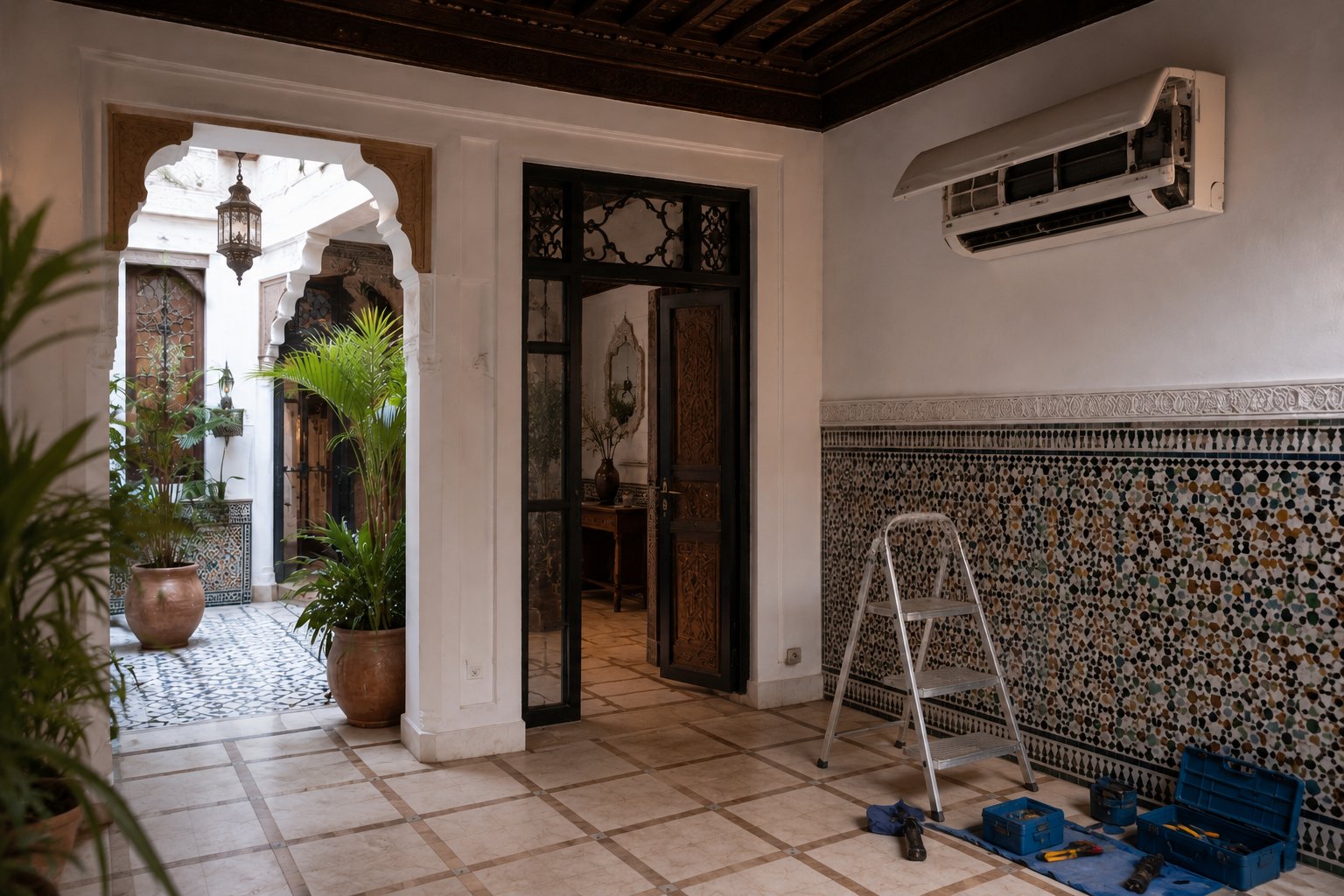 Wall-mounted air conditioner inside a Marrakech riad
