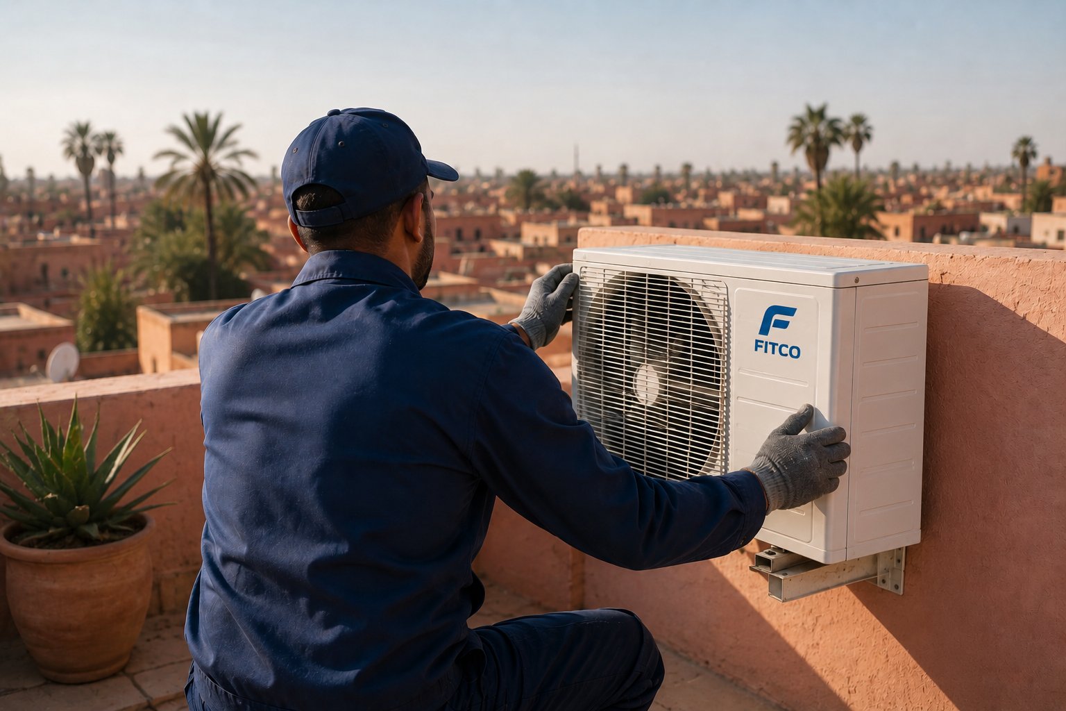 Technicien ICE CLIM installant l'unité extérieure d'un climatiseur split sur une terrasse à Marrakech